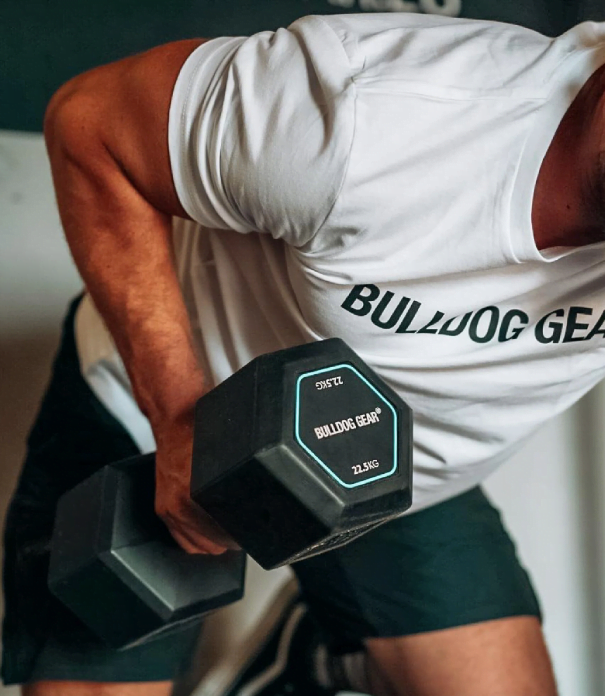 training with bulldog gear hex dumbbells