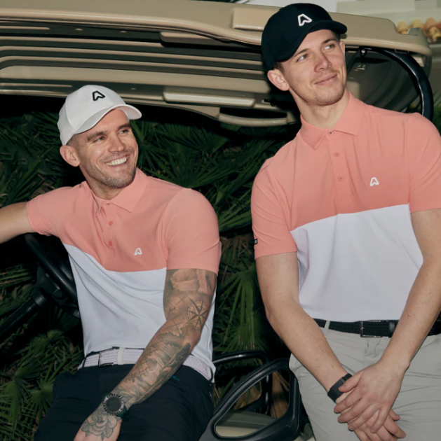 Gaz Beadle wearing his new golf fashion brand polo top in salmon/white