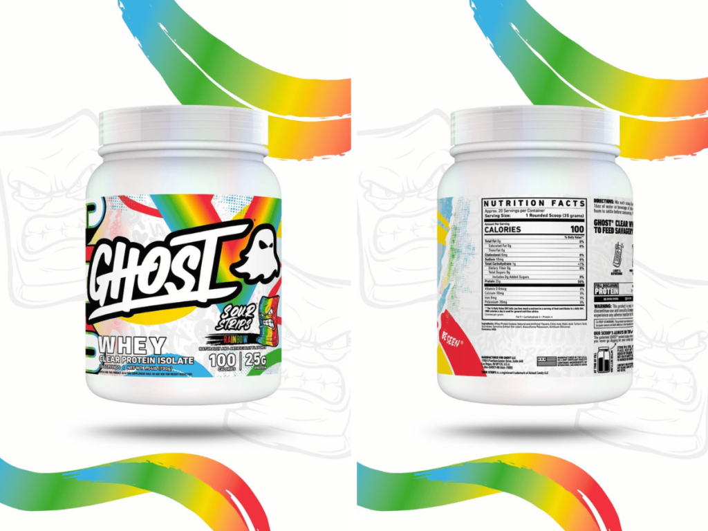 GHOST x Sour Strips Rainbow Clear Whey Tubs